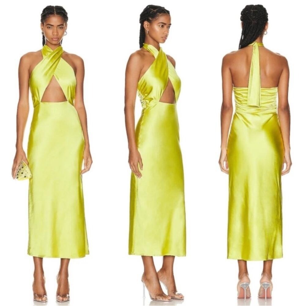 Simon Miller Yabba Satin Halter Kiwi Green Yellow Cutout Dress Gown Maxi 8
